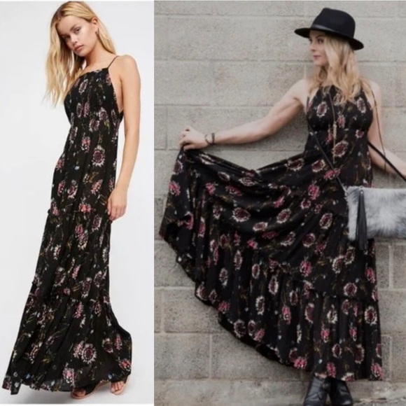 Free People Garden Party Floral Maxi Dress L Boho Smocked Tiered A-Line Romantic - Picture 4 of 16